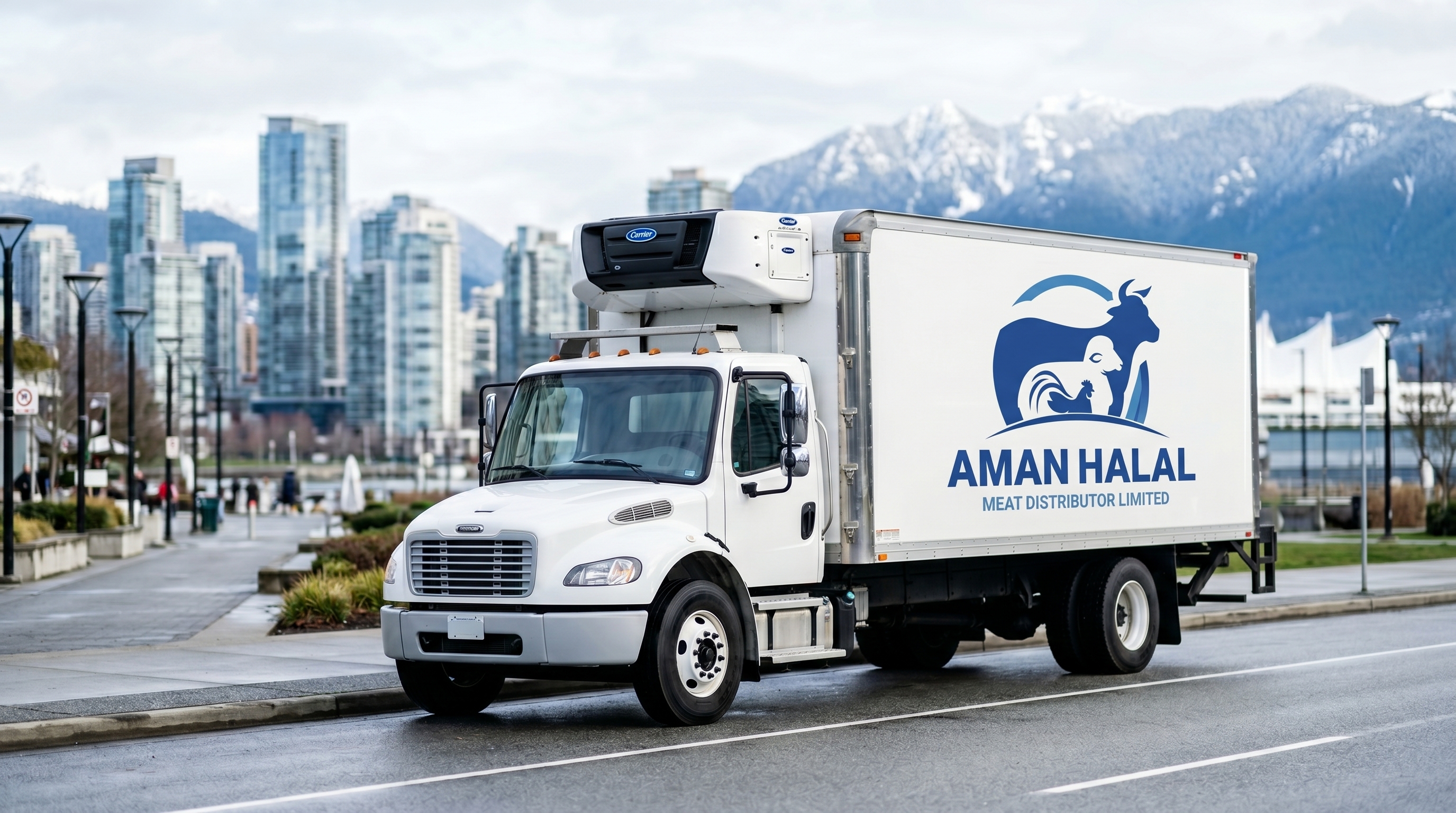 Aman Halal refrigerated delivery truck against the Vancouver skyline